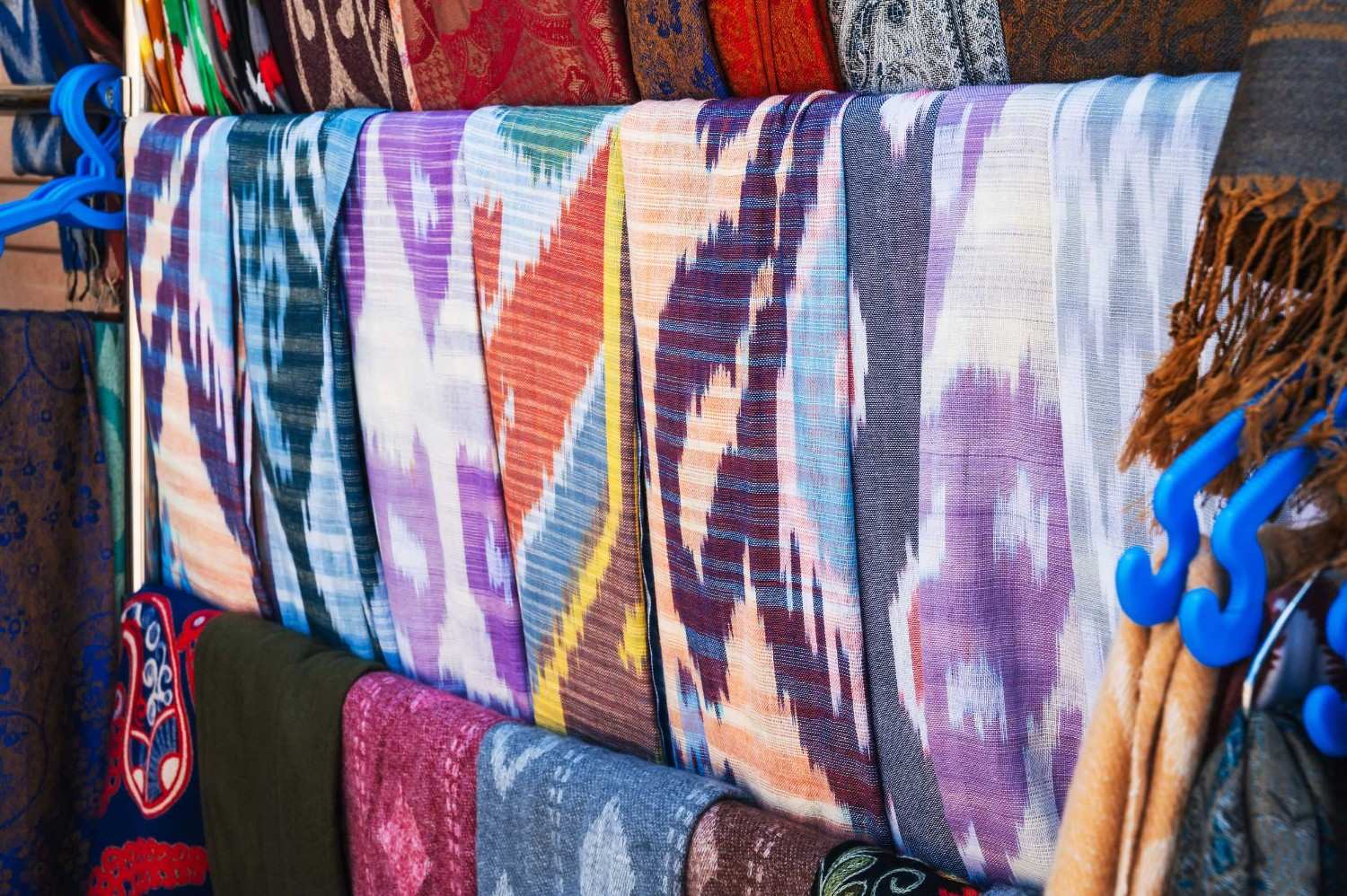 Several Types Of Uzbekistan Fabrics Lined Up